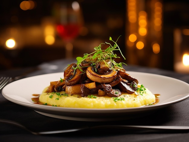 dish of polenta with mushrooms accompanied with a good wine generated ai