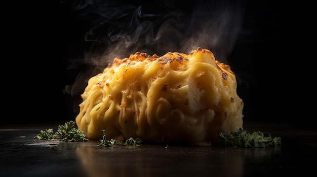 A dish of potato with a smokey background