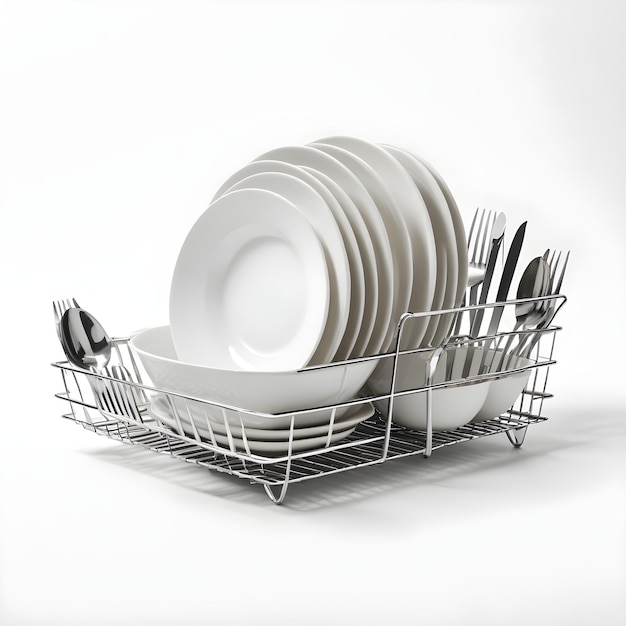 a dish rack with bowls and spoons in it and one of them has a spoon in it