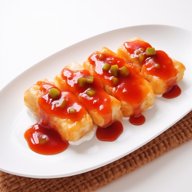 a dish of rectangular japanese stir fried kamaboko with juice