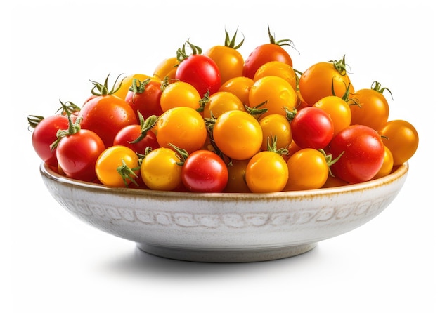 Dish of red and yellow tomatoes isolated on a white background