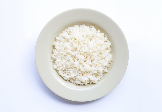 Dish of rice on white background.