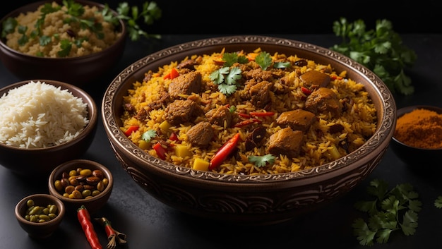 a dish of rice with a red pepper on the side