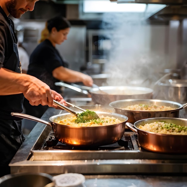 Dish of risotto being prepared by chefs in a busy commercial kitchen stoves alight with pans boiling