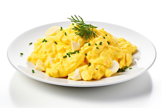 Dish of Scrambled eggs on a white background