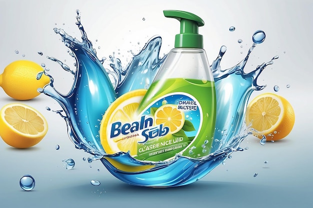 Dish soap ads lemon dishwashing liquid with grease fighting effect splashing water and half cleaning dish in 3d illustration