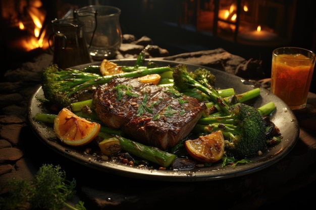 A dish of steak vegetables and asparagus accompaniment generative IA