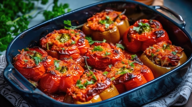 A dish of stuffed peppers with a tomato sauce