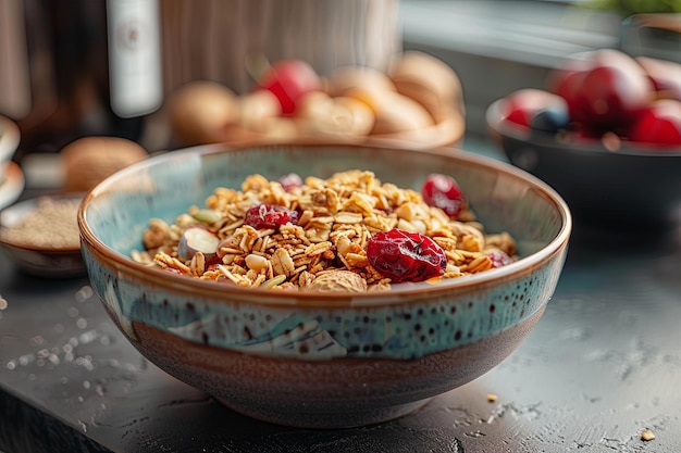 A dish of superfood granola with berries on a table