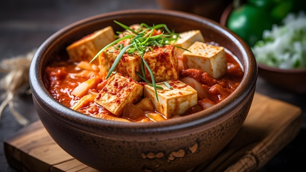 A dish of tofu veggie and spicysavory kimchi stew Generative AI