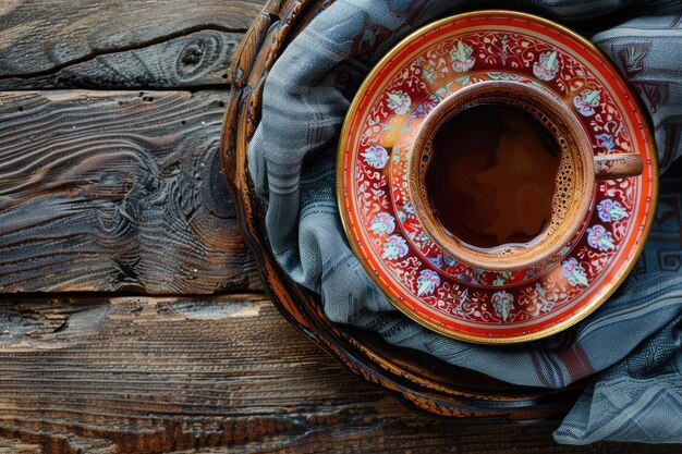 Photo a dish with coffee in a traditional turkish cup