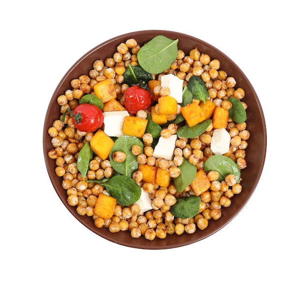 Dish with delicious fresh chickpea salad isolated on white top view