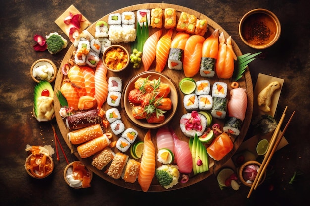 A dish with many different types of sushi Big set of sushi Generative AI