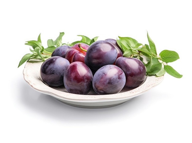 Dish with plums and green leaves on a white background