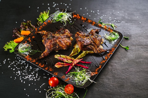 A dish with roasted quail meat with vegetables on black background