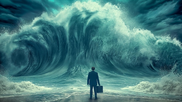 Disheartened Businessman Standing On The Shore In The Midst of Approaching Turbulent Crashing Waves