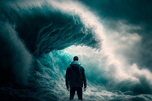 Disheartened Man Standing in the Midst of Turbulent Crashing Waves Generative AI