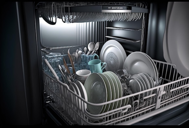 Dishes are stored in the dishwasher after it has been cleaned in an open dishwasher