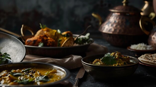 Photo dishes of indian cuisine bowls and plates with indian food on dark background generative ai