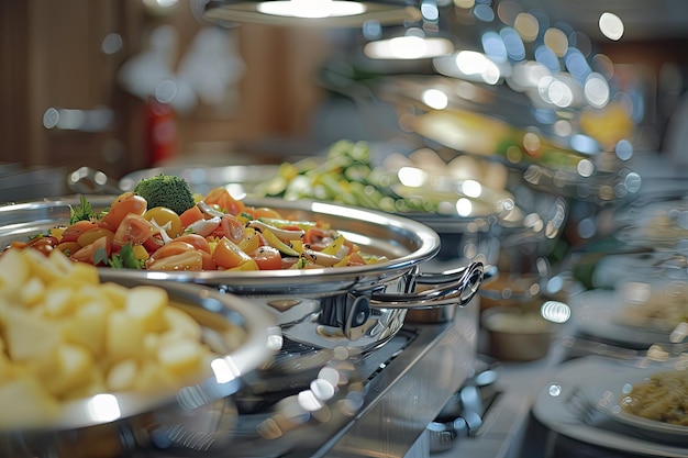 Dishes on a table at a buffet for a wedding Conference in a hotelRestaurants food blur effect