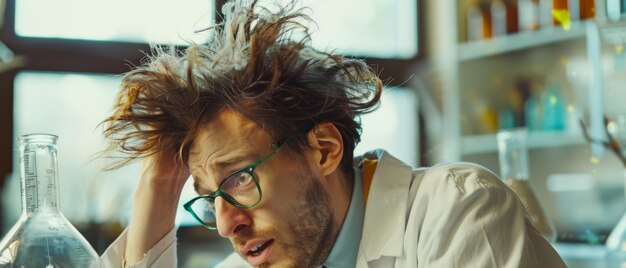 Photo a disheveled scientist with glasses rests their head on a hand appearing overwhelmed in a cluttered laboratory environment