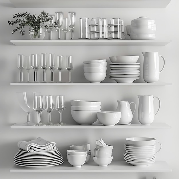 Dishware set in white shelving unit tableware shelf kitchen interior clean white mugs plates glass tableware