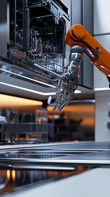 Photo dishwasher emptied by robotic arm in futuristic kitchen