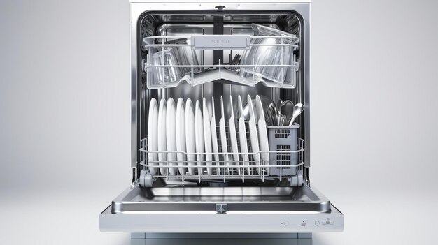 Photo a dishwasher with a bunch of white forks in it