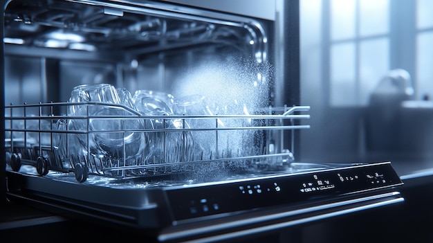 Dishwasher with Transparent Front Panel Showing Interior