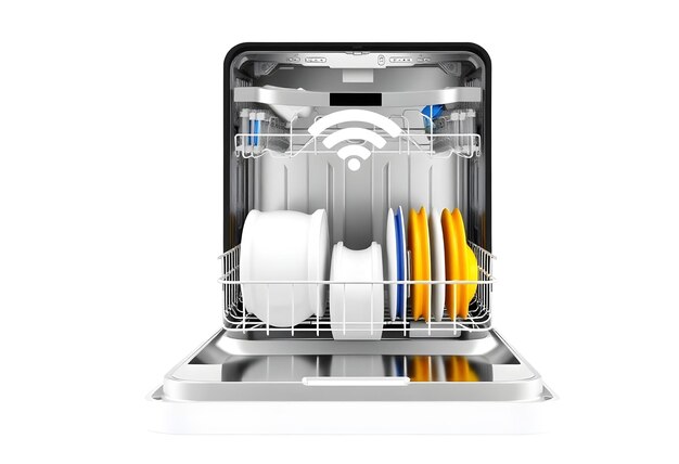 Photo a dishwasher with a white background and a white box that says quot internet quot