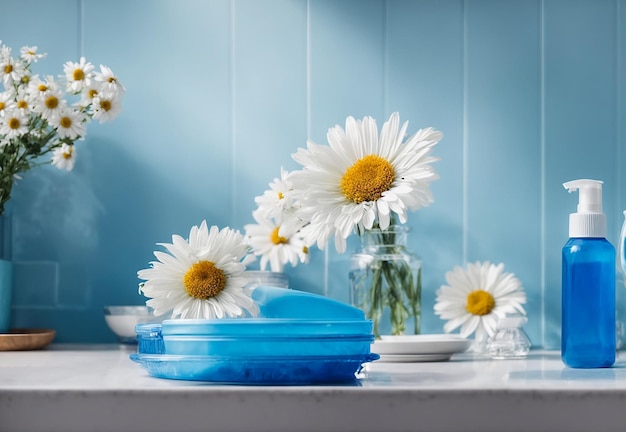 Dishwashing liquid in a bottle flower on a kitchen background