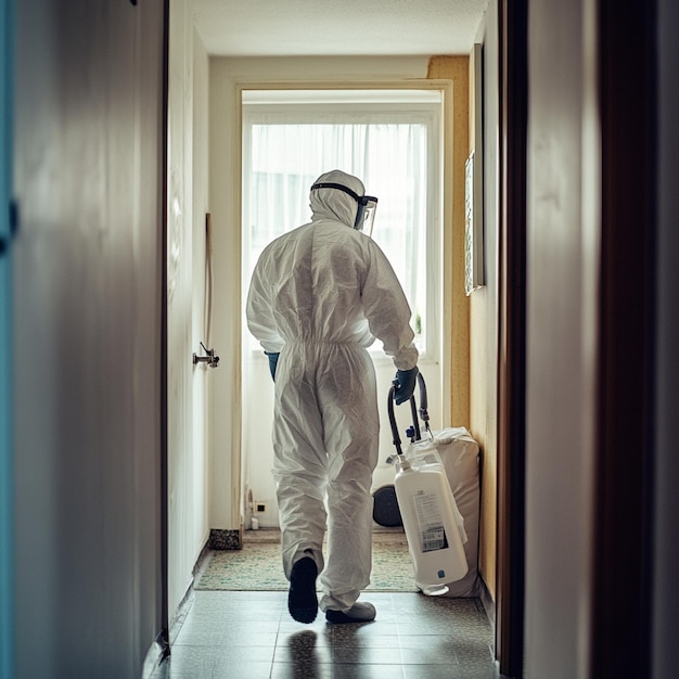 Photo disinfector in protective suit using disinfecting equipment to sanitize an apartment space