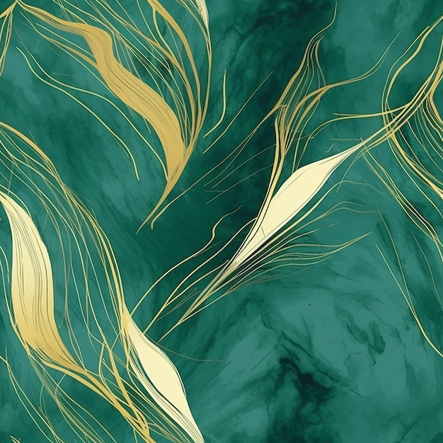 An disorienting and advanced organize with uncommon green watercolor clears out fluid marble surface and a brilliant line Seamless pattern AI Generated