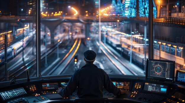 Photo a dispatcher overseeing the movement of trains on a rail network from a central command station