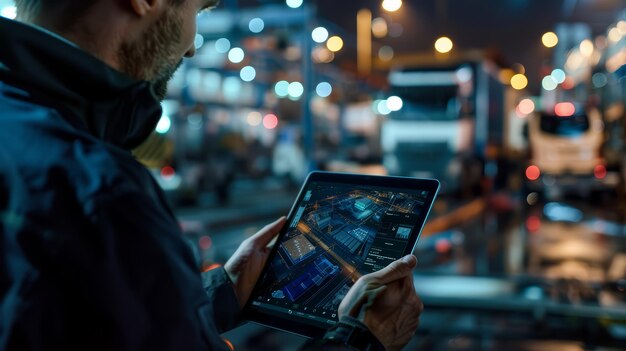 Photo a dispatcher using a tablet to track the location of vehicles in a logistics fleet