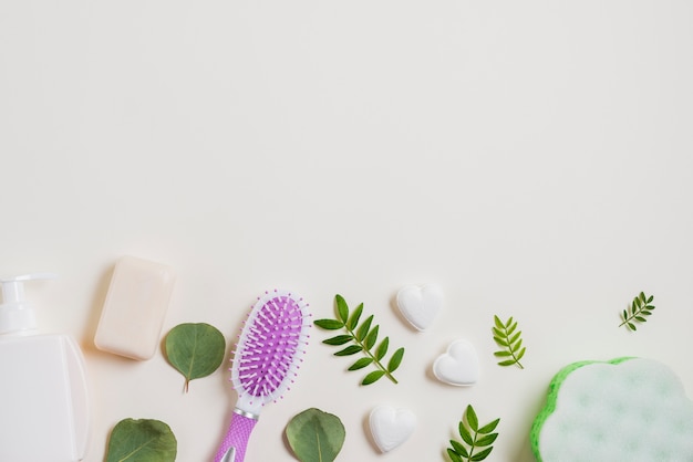 Dispenser; soap; hairbrush decorated with leaves on white background