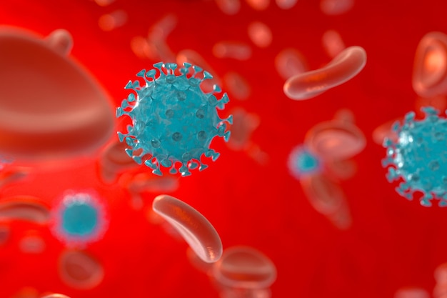 Dispersed corona viruses with blood background 3d rendering