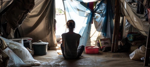 Photo displaced individual sitting in temporary shelter impact of natural disasters