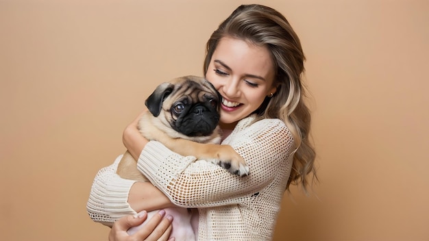 Display of affection happy young woman with combed hair embraces pug dog has fun being mom of puppy