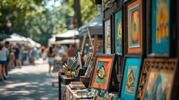 Photo a display of art is displayed at a street market