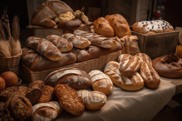 Display of artisan breads each loaf with unique shape and texture created with generative ai