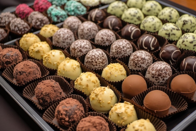 Display of assorted chocolate truffles with different flavor and color combinations