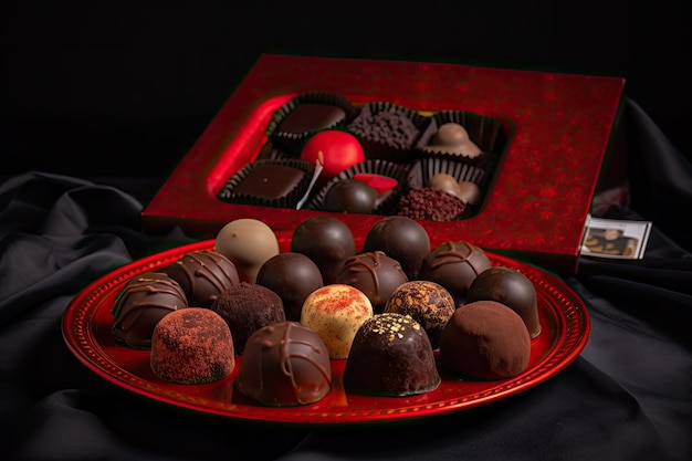 Display of assorted truffles on black plate with red box in the background