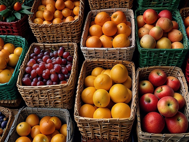 a display of baskets of fruit including apples plums and pears