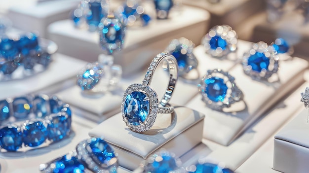 Display of blue diamond jewellery including rings and earrings in a highend boutique