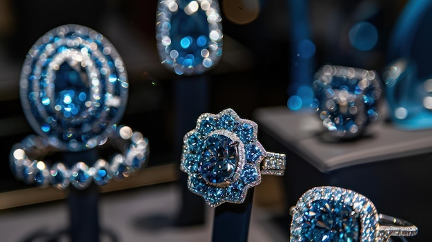 Display of blue diamond jewellery including rings and earrings in a highend boutique