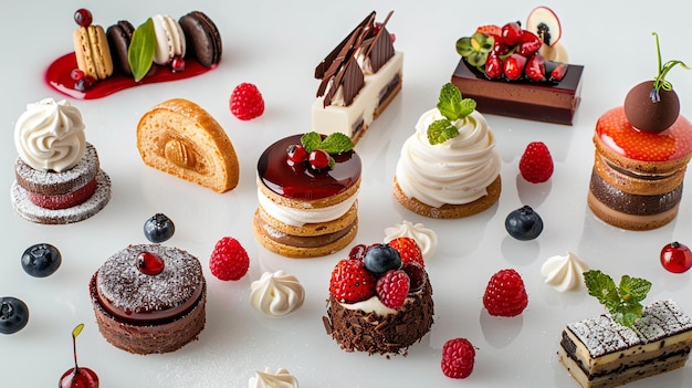 a display of cakes and desserts including raspberry