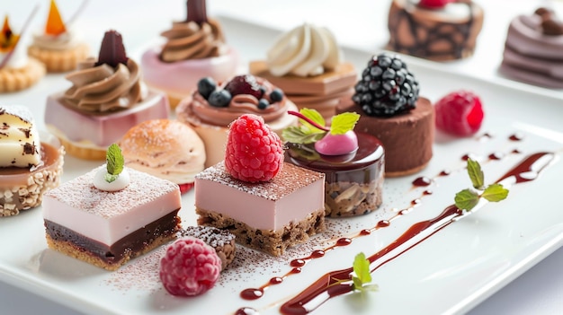 a display of cakes and desserts including raspberry