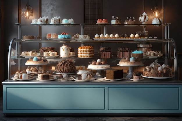 A display of cakes and pastries at a bakery.