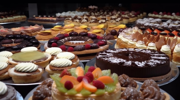 A display of cakes and pastries is shown in a store.